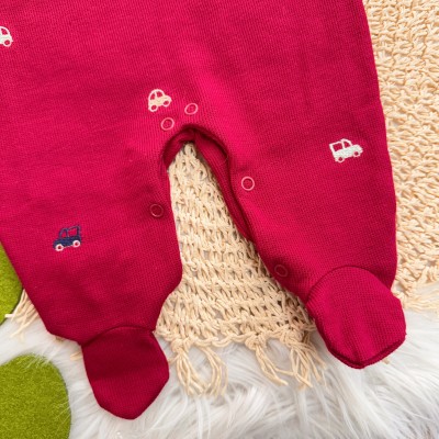 Macacão Tricotil (Tricot 100% Algodão) com Gola e Bordado - Vermelho Carrinhos